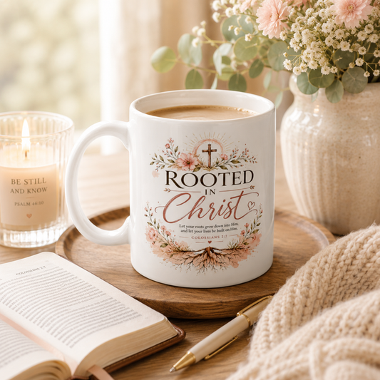 Rooted in Christ Mug - Colossians 2:7 Christian Coffee Mug | Faith-Based Gift for Women