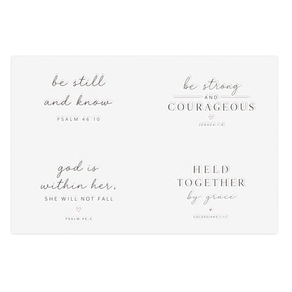 Faith-Inspired Christian Sticker Sheet | Be Still & Know, Be Strong & Courageous, God Is Within Her, Held Together by Grace | Bible Verse Vinyl Stickers