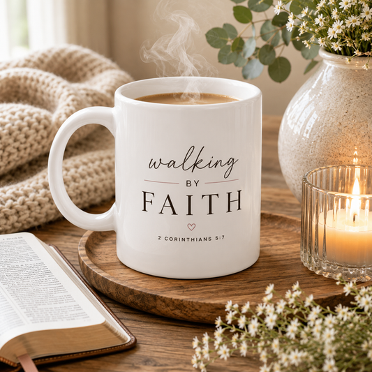 Walking By Faith 11oz Christian Mug – 2 Corinthians 5:7 Faith-Based Coffee Mug & Inspirational Christian Gift