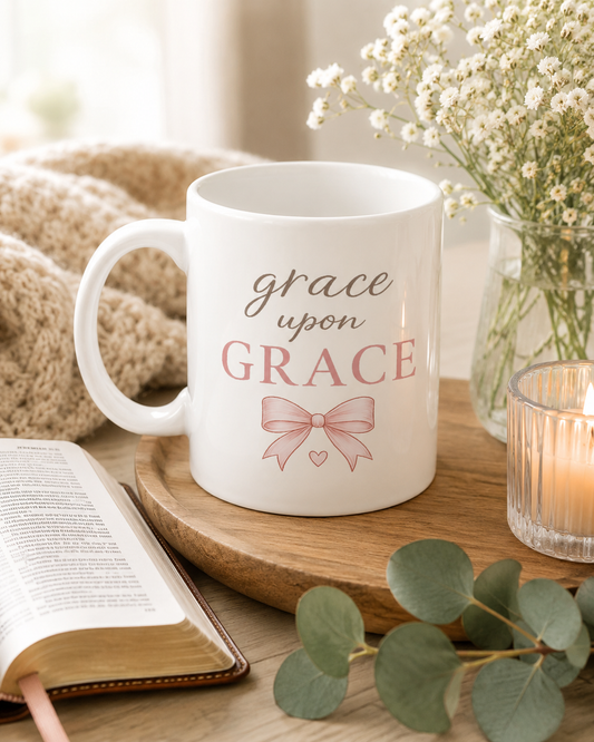 Grace Upon Grace Christian Mug | Pink Bow Coffee Mug | Faith Inspired Gift for Women | Christian Ceramic Mug 11oz