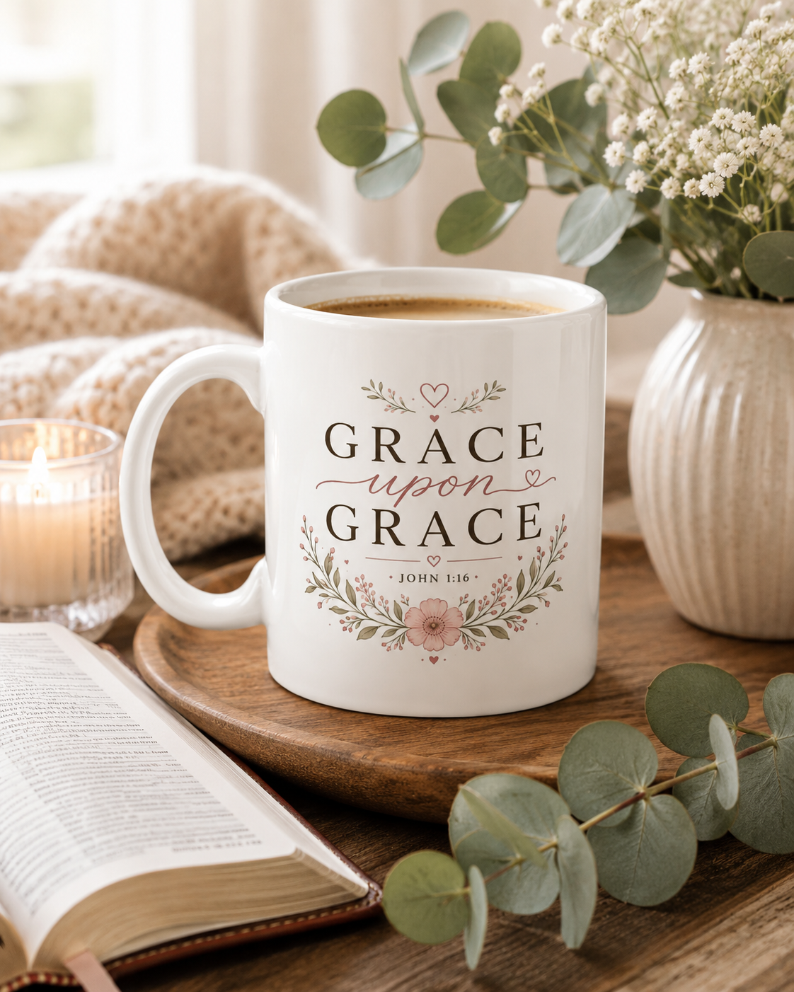 Grace Upon Grace Mug – John 1:16 Christian Coffee Mug | Floral Faith Mug for Women