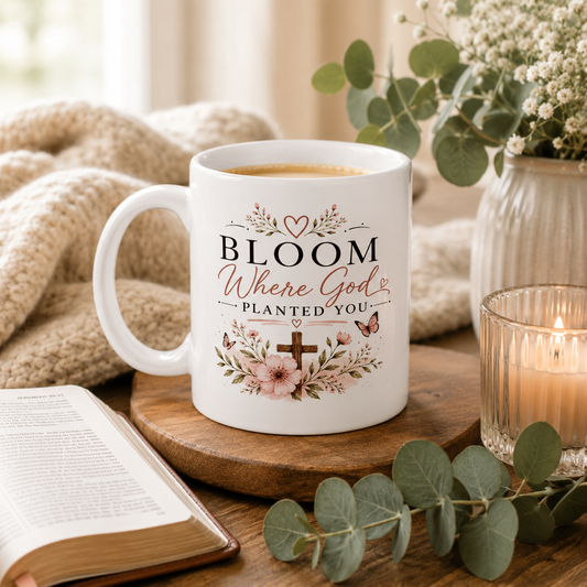 Bloom Where God Planted You Mug – Christian Floral Coffee Mug | Faith-Based Gift for Women